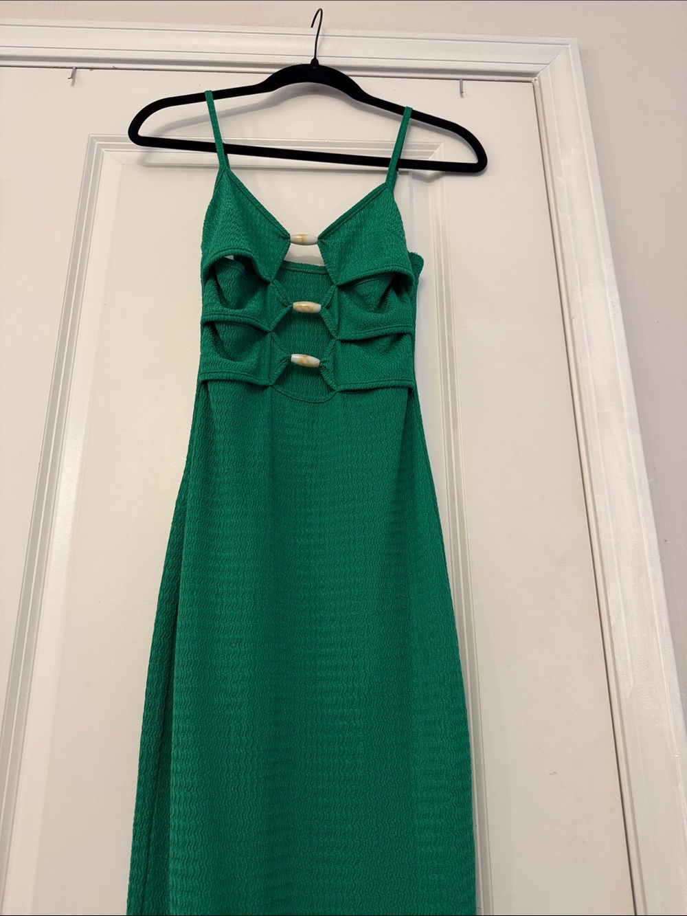 Green Spaghetti-Strap Midi Dress with Decorative Front Tabs